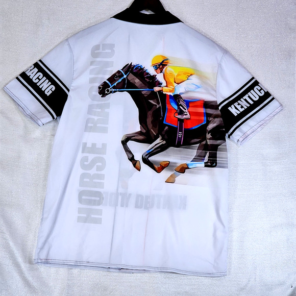 Kentucky Derby Horse Racing 3D Screen Printed Short Sleeve ButtonUp Mens Large - Picture 7 of 11